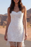 Tight Short Sparkly Ivory Spaghetti Straps Beaded Wedding Dress with Fringes