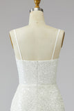 Tight Short Sparkly Ivory Spaghetti Straps Beaded Wedding Dress with Fringes
