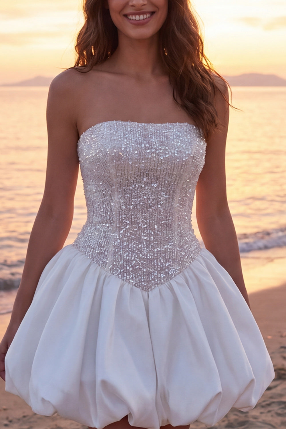 ZAPAKASA Women Short Sparkly Ivory Corset Graduation Dress with Sequins  Strapless A Line Bachelorette Dress