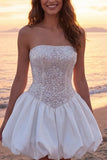 Sparkly Ivory Corset Strapless A Line Short Graduation Dress with Sequins