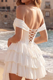 Ruffled Off the Shoulder A Line Short Ivory Corset Graduation Dress with Bow