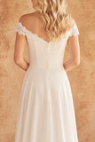 Off the Shoulder Ivory A Line Sweep Train Beach Wedding Dress with Lace
