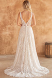 Corset Ivory V-Neck Floral Lace A Line Sweep Train Boho Wedding Dress