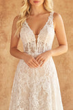 Corset Ivory V-Neck Floral Lace A Line Sweep Train Boho Wedding Dress