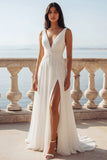 V-Neck Ruched Ivory A Line Sweep Train Beach Wedding Dress with Slit