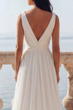 V-Neck Ruched Ivory A Line Sweep Train Beach Wedding Dress with Slit
