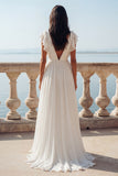 Ruffled V-Neck Ruched Ivory A Line Sweep Train Beach Wedding Dress with Slit