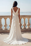 Mermaid V-Neck Ruched Ivory Sweep Train Beach Wedding Dress with Ruffles