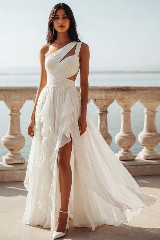 Keyhole Ruffled Ivory A Line Sweep Train Beach Wedding Dress with Slit