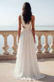 Keyhole Ruffled Ivory A Line Sweep Train Beach Wedding Dress with Slit