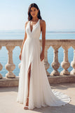 A Line Sweep Train V-Neck Ruched Ivory Beach Wedding Dress with Slit