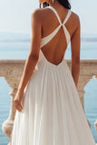 A Line Sweep Train V-Neck Ruched Ivory Beach Wedding Dress with Slit