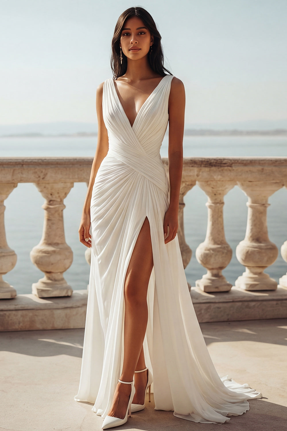Ruched Ivory Sweep Train V-Neck Beach Wedding Dress with Slit