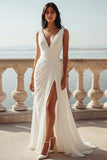 Ruched Ivory Sweep Train V-Neck Beach Wedding Dress with Slit