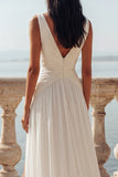 Ruched Ivory Sweep Train V-Neck Beach Wedding Dress with Slit