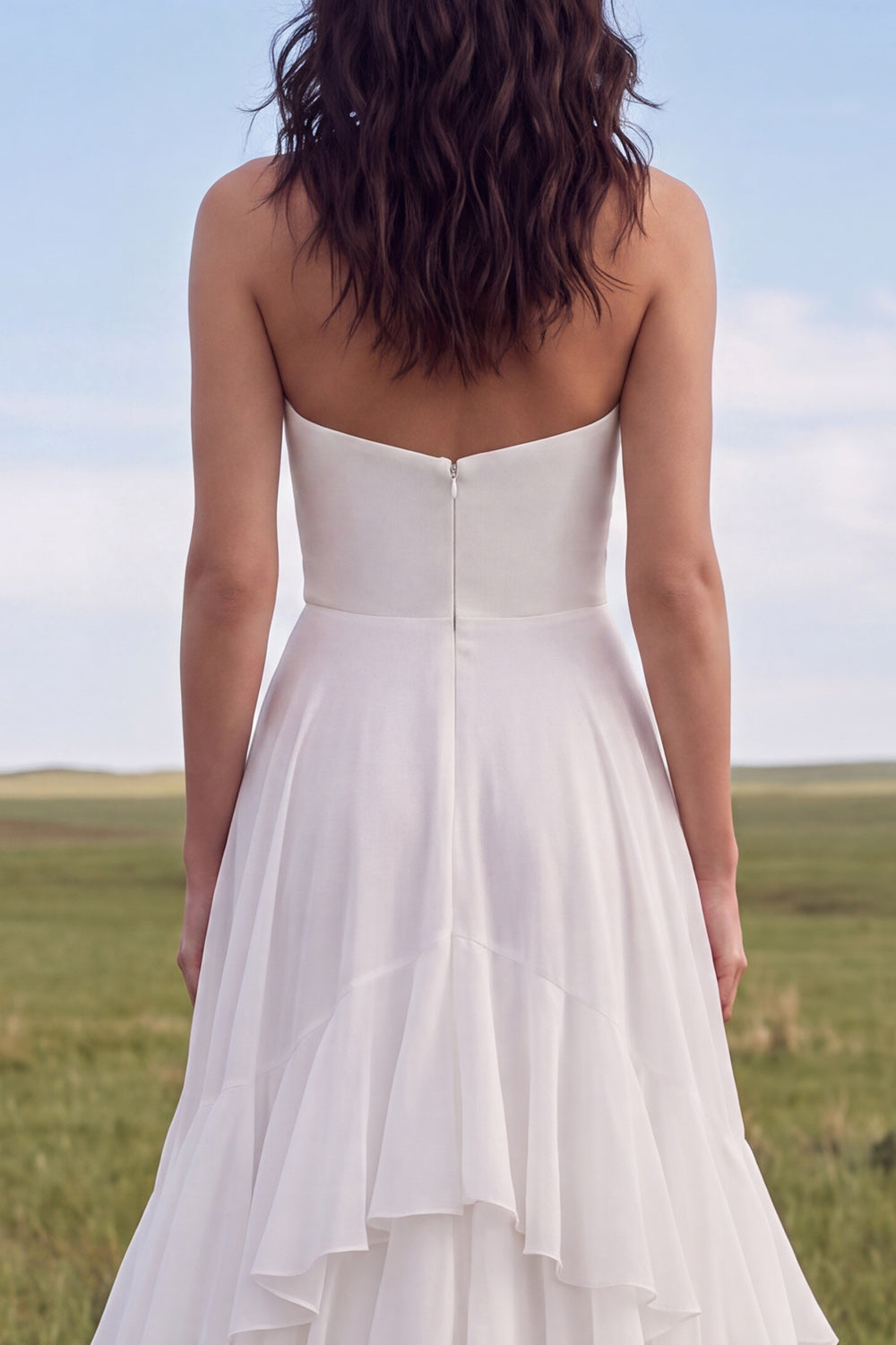 Strapless Ivory A Line Sweep Train Ruffled Beach Wedding Dress with Slit