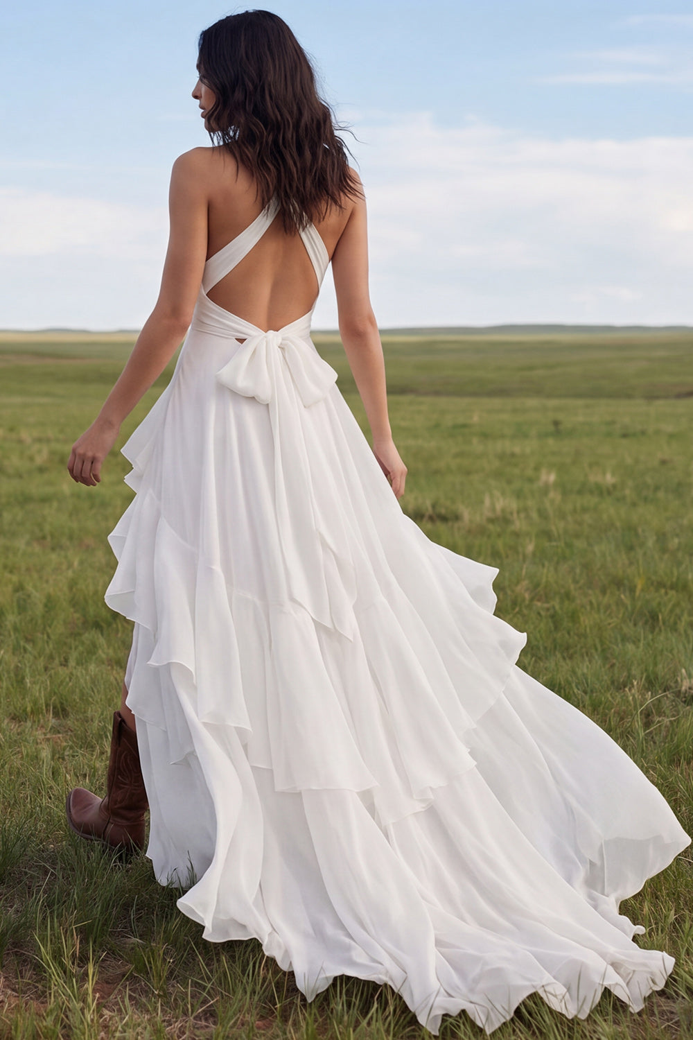 Halter Ivory A Line Sweep Train Ruffled Beach Wedding Dress with Slit