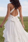 Halter Ivory A Line Sweep Train Ruffled Beach Wedding Dress with Slit