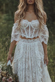 Corset Ivory 2 Piece Floral Lace A Line Sweep Train Boho Wedding Dress