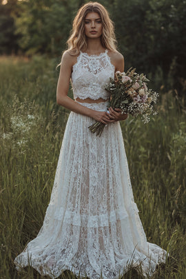 Round Neck Ivory 2 Piece Floral Lace A Line Sweep Train Boho Wedding Dress