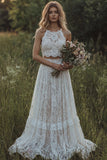 Round Neck Ivory 2 Piece Floral Lace A Line Sweep Train Boho Wedding Dress