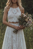 Round Neck Ivory 2 Piece Floral Lace A Line Sweep Train Boho Wedding Dress