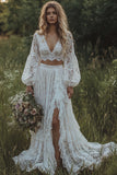 Floral Lace Ivory Ruffled 2 Piece Sweep Train Boho Wedding Dress with Slit Long Sleeves A Line V-Neck Bridal Dress