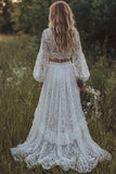 Ruffled Ivory 2 Piece Floral Lace A Line Sweep Train Boho Wedding Dress with Slit