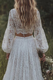 Ruffled Ivory 2 Piece Floral Lace A Line Sweep Train Boho Wedding Dress with Slit