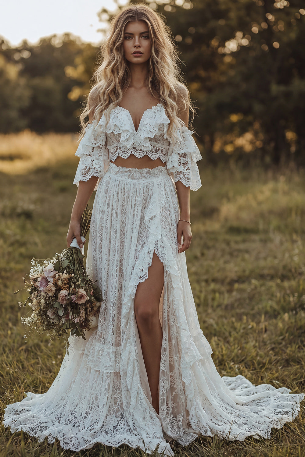 Zapaka Women Boho Wedding Dress Off The Shoulder Lace Ivory A Line Ruffled 2-piece Bridal Dress with Slit, Ivory / US16W