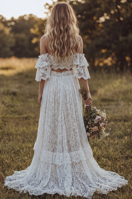 2 Piece Floral Lace Ruffled Ivory A Line Sweep Train Boho Wedding Dress with Slit