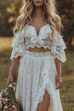 2 Piece Floral Lace Ruffled Ivory A Line Sweep Train Boho Wedding Dress with Slit