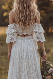2 Piece Floral Lace Ruffled Ivory A Line Sweep Train Boho Wedding Dress with Slit