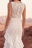 Ivory Lace Ruffled Mermaid Sweep Train Boho Wedding Dress with Slit