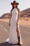 High Neck Ivory Lace Mermaid Sweep Train Boho Wedding Dress with Slit