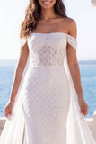 Mermaid Sweep Train Sparkly Ivory Beaded Wedding Dress with Cape