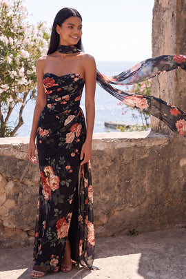 Black Strapless Ruched Floral Mermaid Long Formal Dress with Slit