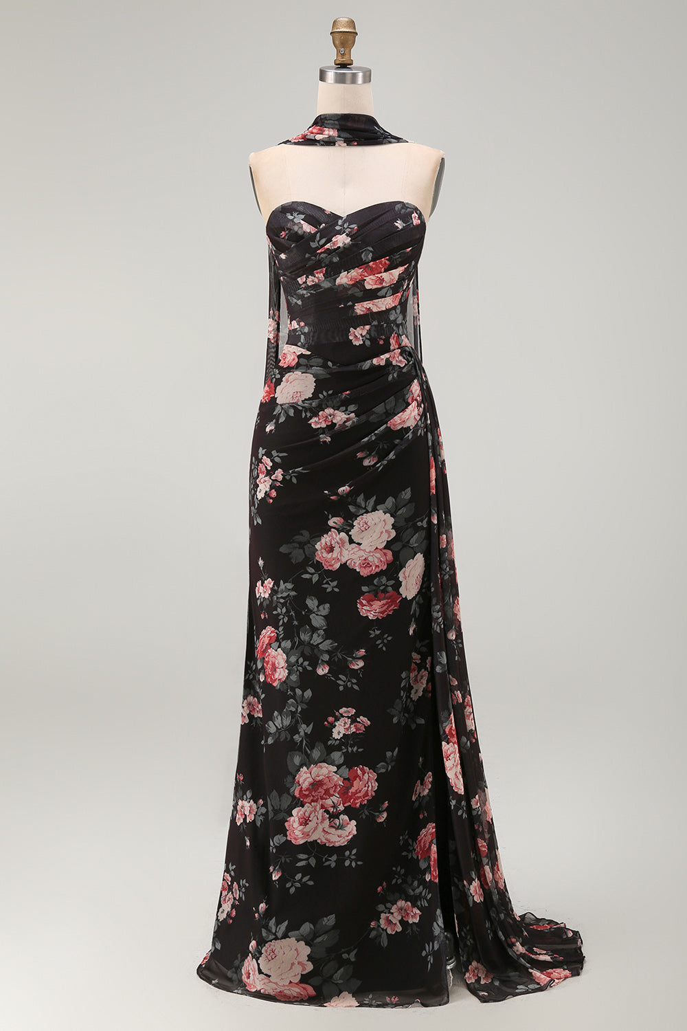 Black Strapless Ruched Floral Mermaid Long Formal Dress with Slit