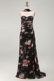 Black Strapless Ruched Floral Mermaid Long Formal Dress with Slit