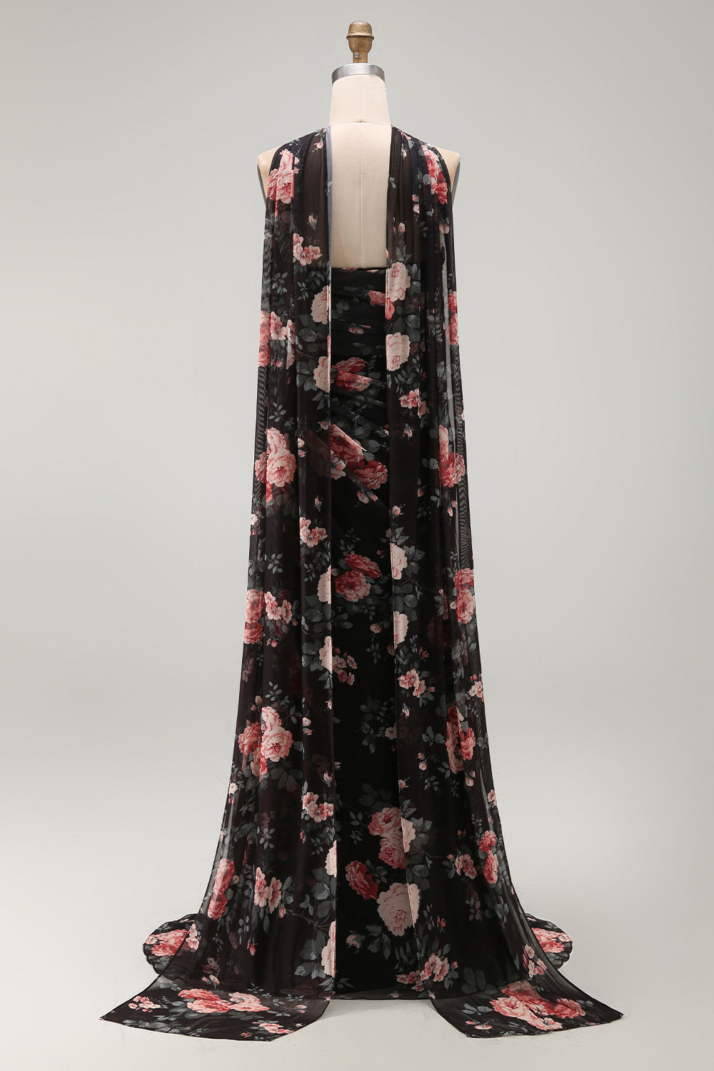 Black Strapless Ruched Floral Mermaid Long Formal Dress with Slit