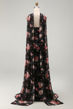 Black Strapless Ruched Floral Mermaid Long Formal Dress with Slit