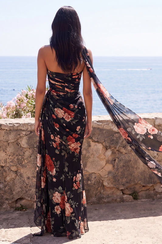 Black Strapless Ruched Floral Mermaid Long Formal Dress with Slit