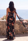 Black Strapless Ruched Floral Mermaid Long Formal Dress with Slit