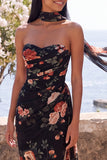 Black Strapless Ruched Floral Mermaid Long Formal Dress with Slit
