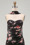 Black Strapless Ruched Floral Mermaid Long Formal Dress with Slit