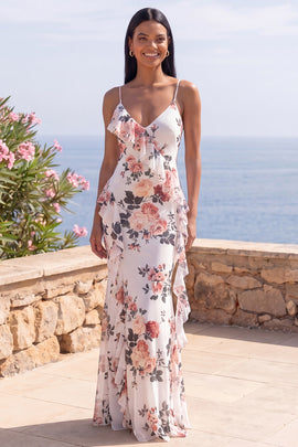 Ivory V-Neck Floral Mermaid Long Formal Dress with Ruffles