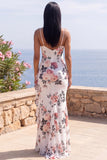 Ivory V-Neck Floral Mermaid Long Formal Dress with Ruffles