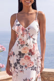 Ivory V-Neck Floral Mermaid Long Formal Dress with Ruffles