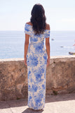 Blue Flower One Shoulder Mermaid Long Formal Dress with Slit