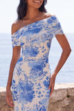 Blue Flower One Shoulder Mermaid Long Formal Dress with Slit